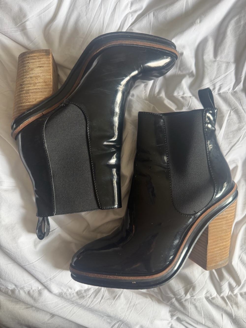 ALDO Black Patent Leather and Wood Block Heel Booties